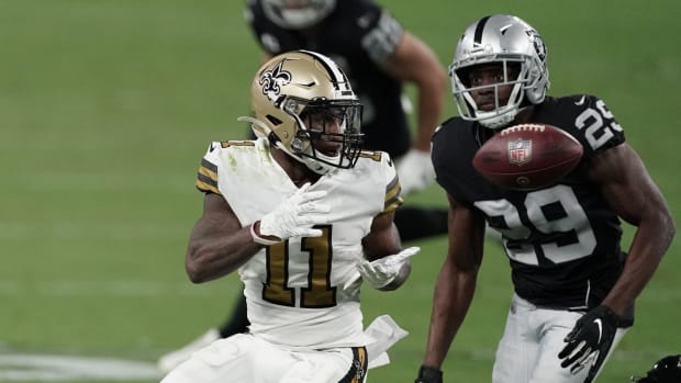Sep 21, 2020; Paradise, Nevada, USA; New Orleans Saints wide receiver Deonte Harris (11) catches a pass against Las Vegas Raiders free safety Lamarcus Joyner (29) during the fourth quarter of a NFL game at Allegiant Stadium. Mandatory Credit: Kirby Lee-USA TODAY Sports